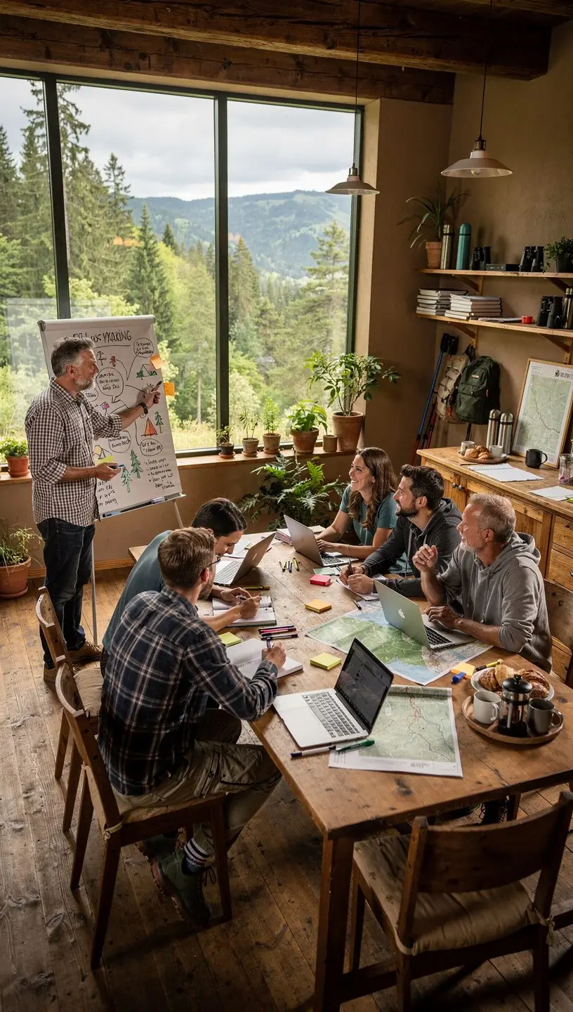 Teilnehmer, die an einer geführten Walderlebniswanderung in einem deutschen Wald teilnehmen, um die Natur intensiv zu erleben.