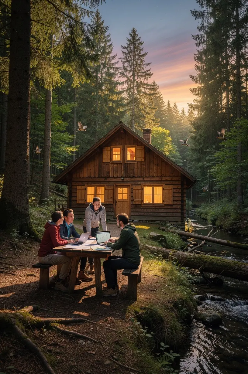 Reisende, die an einem Outdoor-Workshop teilnehmen, um nachhaltige Waldretreat-Programme mit praktischen Tipps und Strategien zu planen.